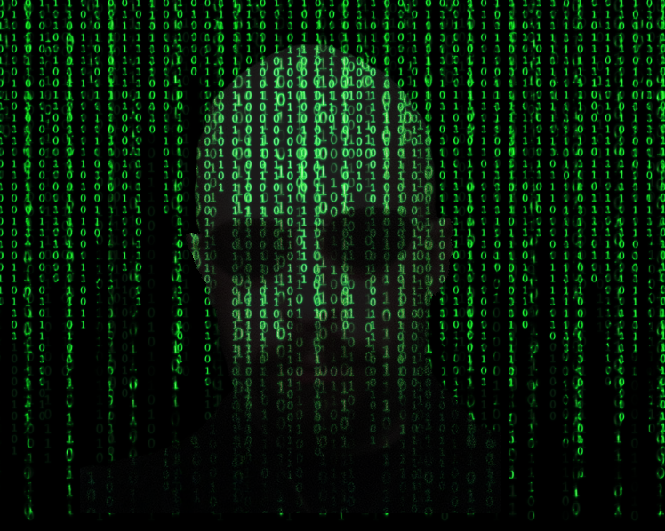 Author's face shown in a field of screen symbols and letters cascading down image.